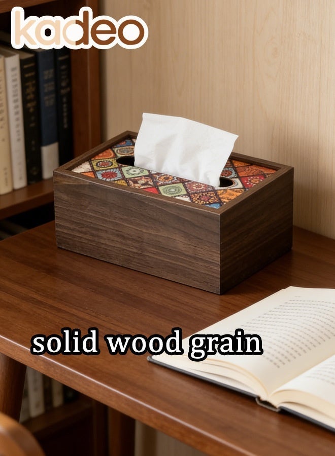 kadeo Wood Tissue Box Cover with Retro Pattern Lid, Rectangle Tissue Holder, Formaldehyde-free Tissue Cover for Bathroom, Tissue Box Cover Rectangular for Home Office 19.7*12.7*9.4CM - Image 4
